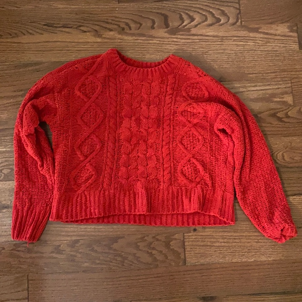 Red cable knit cropped sweater